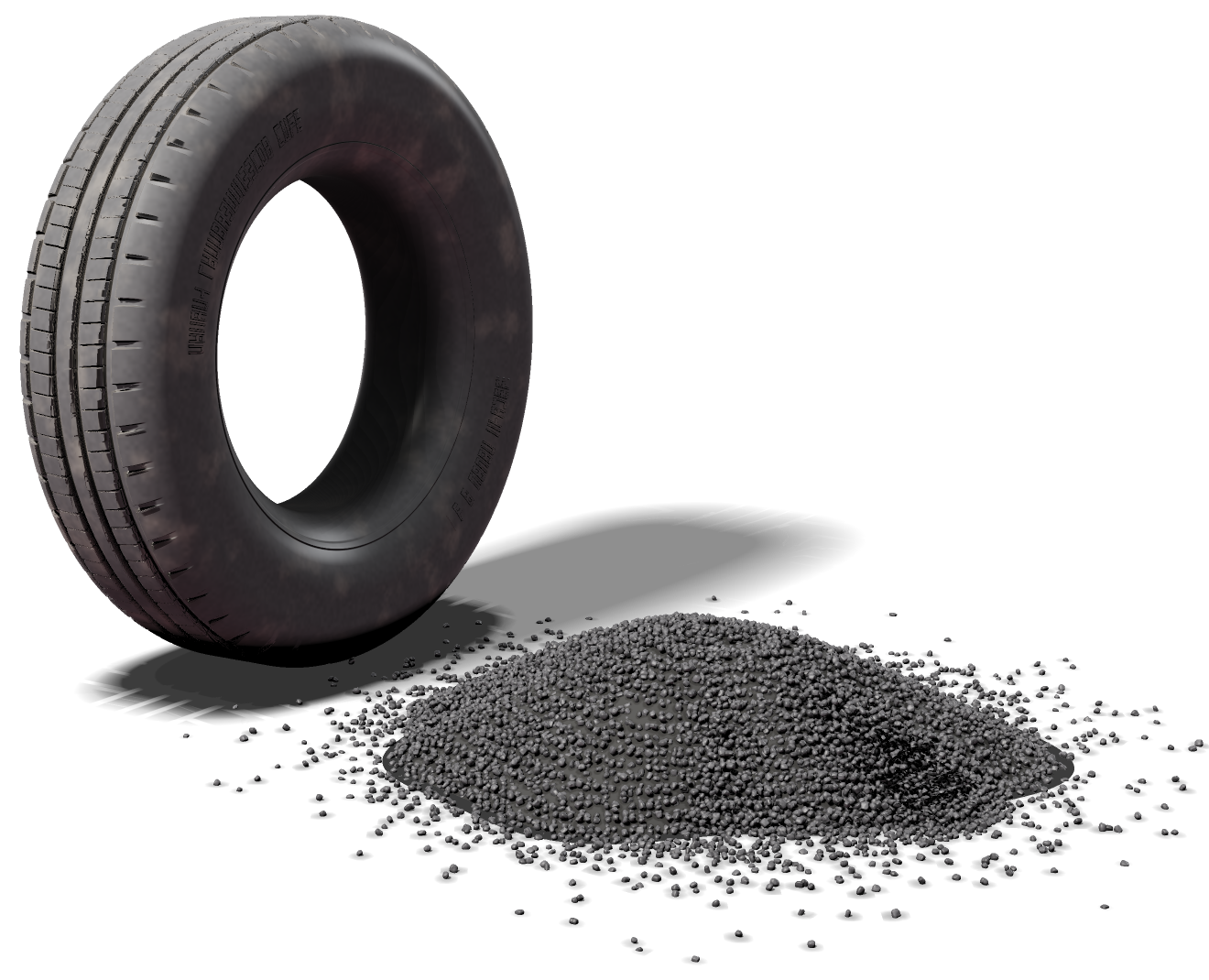 A used tyre beside a heap of black rubber granules